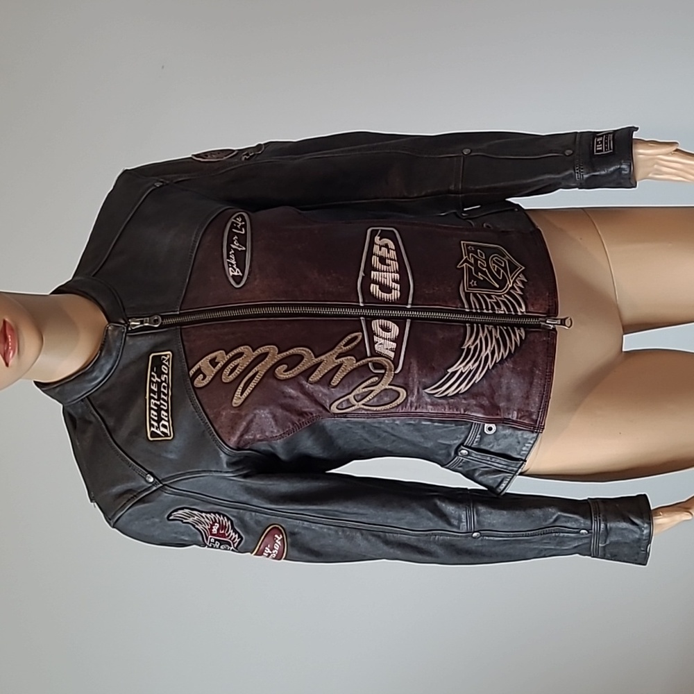 Harley Davidson Women’s Black and Burgandy Racer/Biker Leather Jacket Size Small